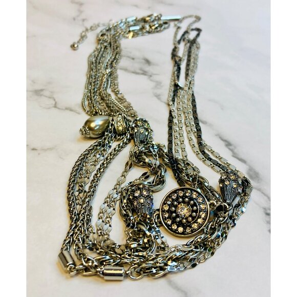 WHBM Multi-Layer Silver-Tone Statement Necklace With Rhinestone Accents -89 - Picture 4 of 6